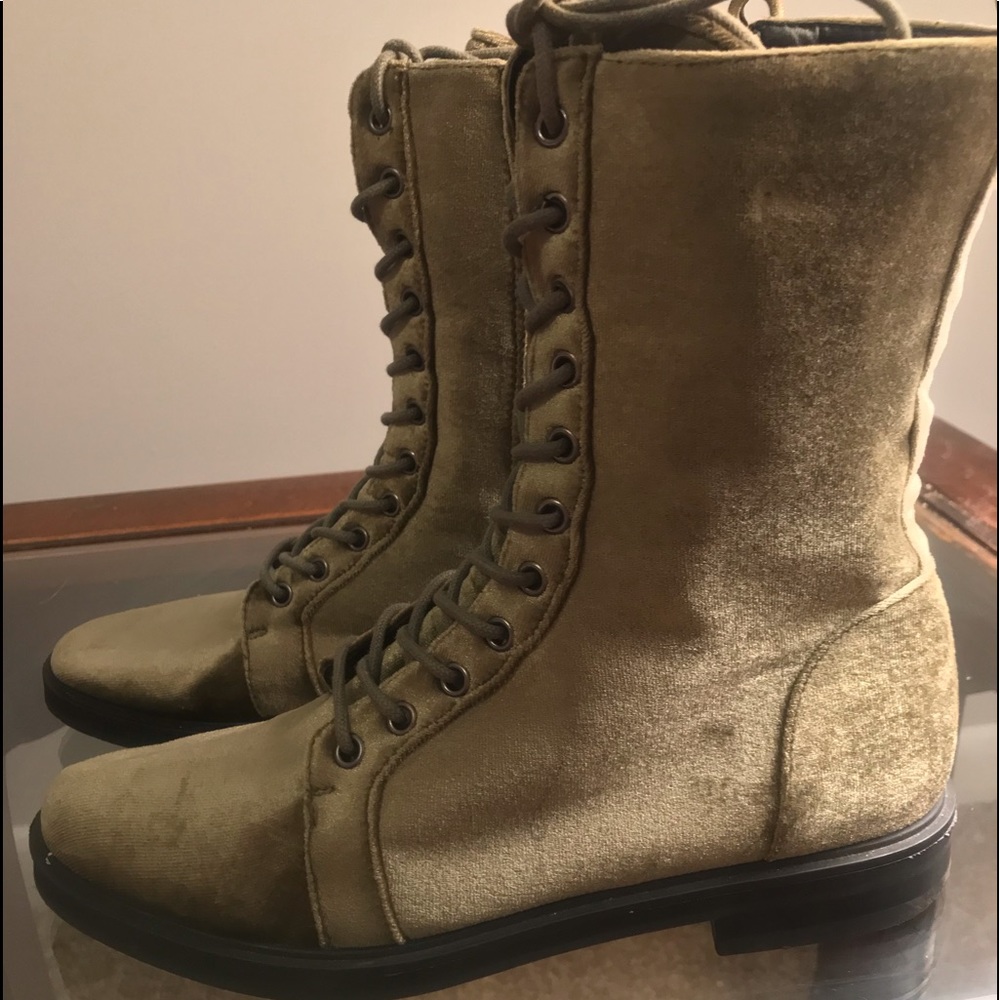 French Blu Green Velvet Lace-Up Ankle Boots